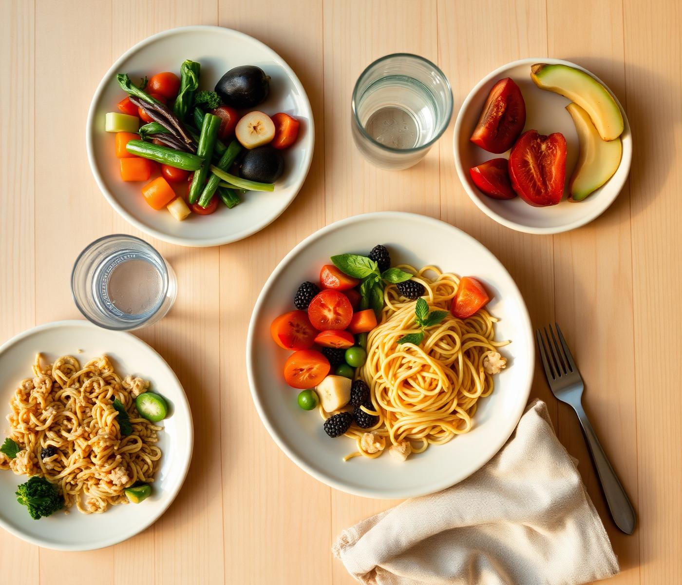 Fresh, wholesome children's meal — vegetables, fruit and pasta